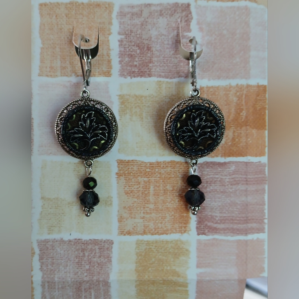 Antique Brass Picture Button Earrings, Oxidized Silver, Victorian Boho Western
